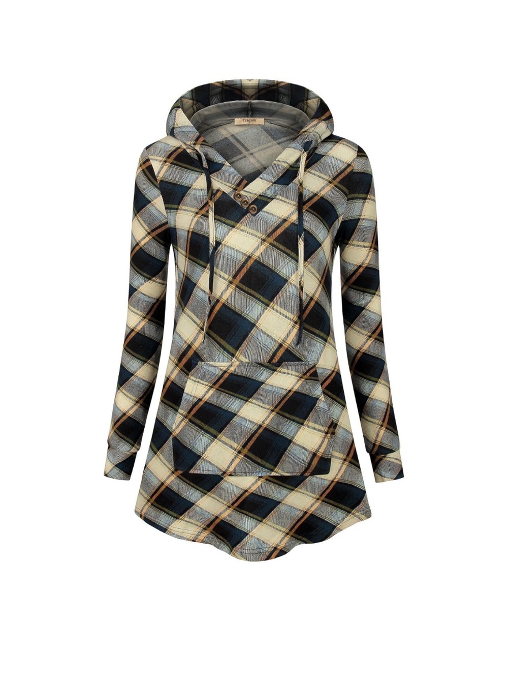 Plaid Hooded Tunic Top in Black, Cream, Gold